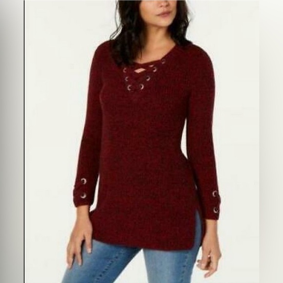 Style & Co. Womens Lace-Up Tunic Sweater Red Medium cotton blend - Picture 1 of 12